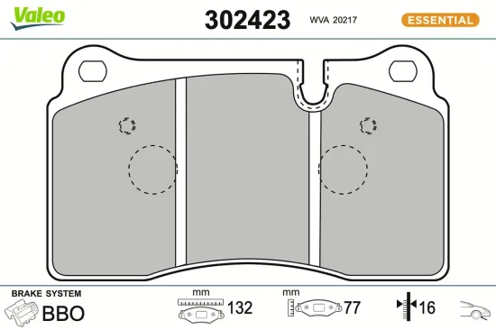 Bremsbelagsatz, Scheibenbremse Vorderachse VALEO 302423 Bild Bremsbelagsatz, Scheibenbremse Vorderachse VALEO 302423