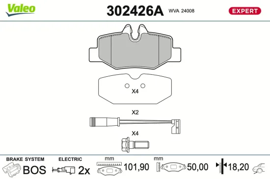 Bremsbelagsatz, Scheibenbremse Hinterachse VALEO 302426A Bild Bremsbelagsatz, Scheibenbremse Hinterachse VALEO 302426A