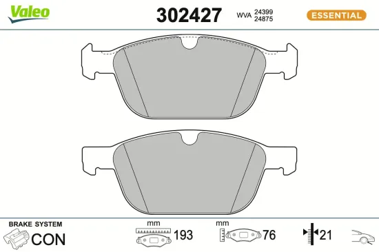 Bremsbelagsatz, Scheibenbremse Vorderachse VALEO 302427 Bild Bremsbelagsatz, Scheibenbremse Vorderachse VALEO 302427