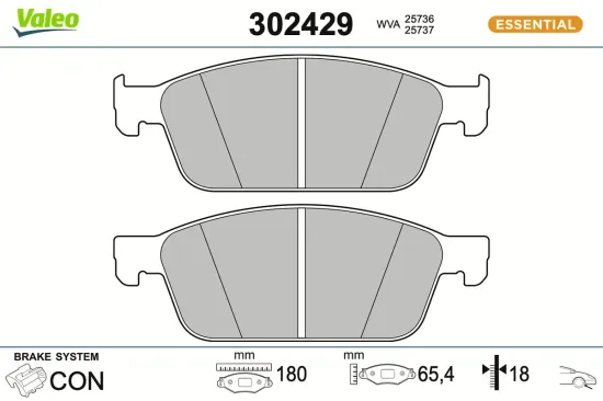 Bremsbelagsatz, Scheibenbremse Vorderachse VALEO 302429 Bild Bremsbelagsatz, Scheibenbremse Vorderachse VALEO 302429