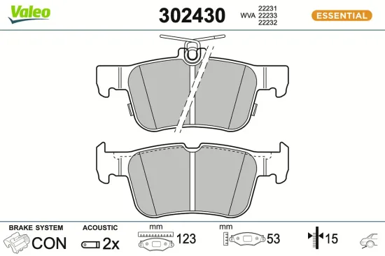 Bremsbelagsatz, Scheibenbremse Hinterachse VALEO 302430 Bild Bremsbelagsatz, Scheibenbremse Hinterachse VALEO 302430
