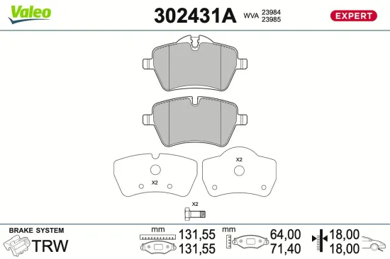 Bremsbelagsatz, Scheibenbremse Vorderachse VALEO 302431A Bild Bremsbelagsatz, Scheibenbremse Vorderachse VALEO 302431A
