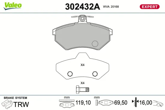 Bremsbelagsatz, Scheibenbremse Vorderachse VALEO 302432A Bild Bremsbelagsatz, Scheibenbremse Vorderachse VALEO 302432A