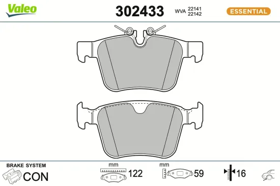 Bremsbelagsatz, Scheibenbremse Hinterachse VALEO 302433 Bild Bremsbelagsatz, Scheibenbremse Hinterachse VALEO 302433