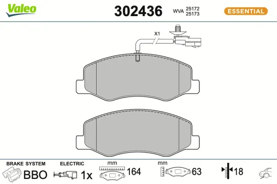 Bremsbelagsatz, Scheibenbremse Hinterachse VALEO 302436 Bild Bremsbelagsatz, Scheibenbremse Hinterachse VALEO 302436
