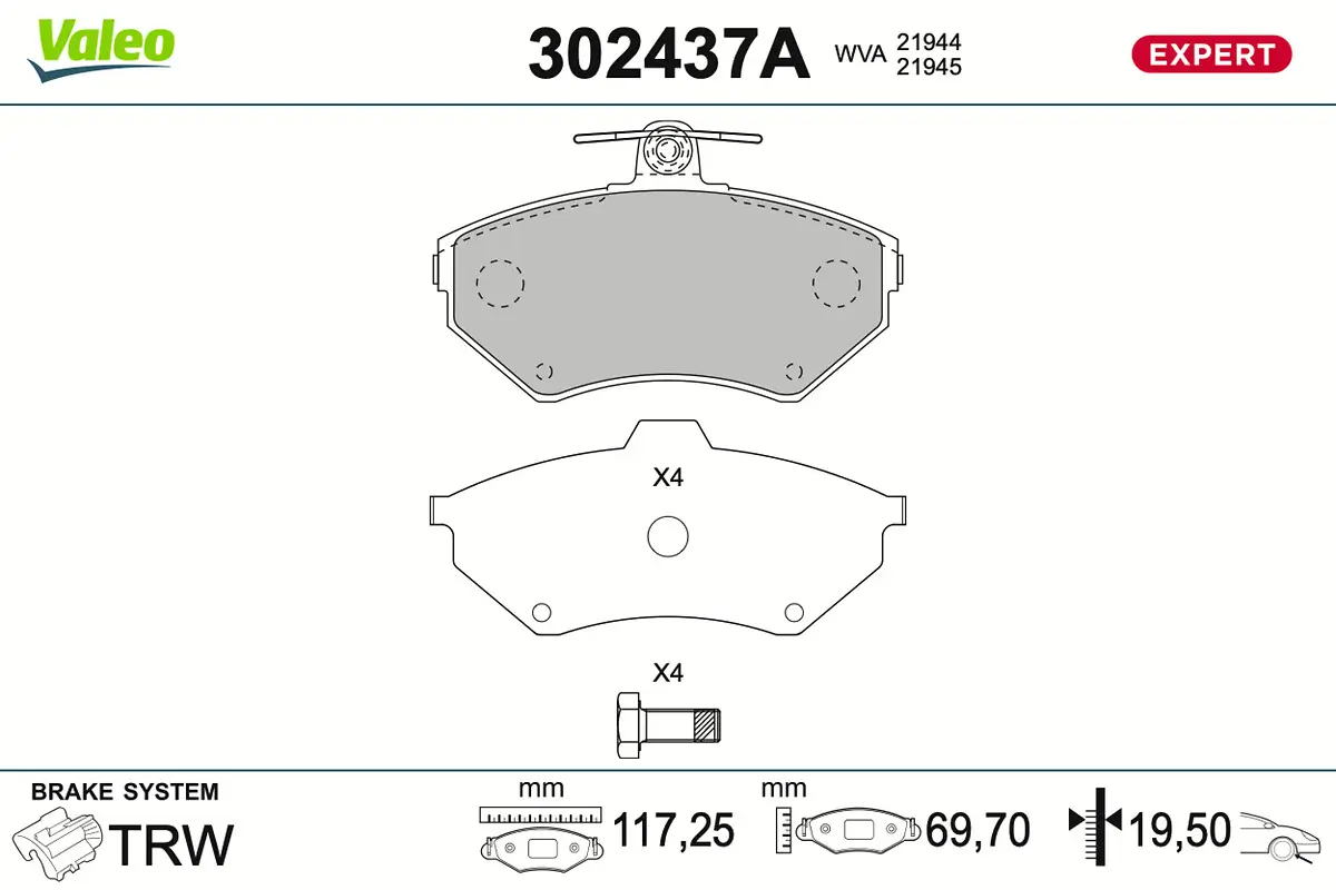 Bremsbelagsatz, Scheibenbremse Vorderachse VALEO 302437A
