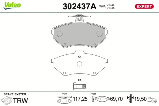 Bremsbelagsatz, Scheibenbremse Vorderachse VALEO 302437A Bild Bremsbelagsatz, Scheibenbremse Vorderachse VALEO 302437A