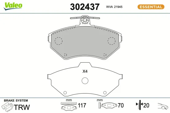 Bremsbelagsatz, Scheibenbremse Vorderachse VALEO 302437 Bild Bremsbelagsatz, Scheibenbremse Vorderachse VALEO 302437