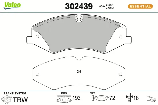 Bremsbelagsatz, Scheibenbremse Vorderachse VALEO 302439 Bild Bremsbelagsatz, Scheibenbremse Vorderachse VALEO 302439