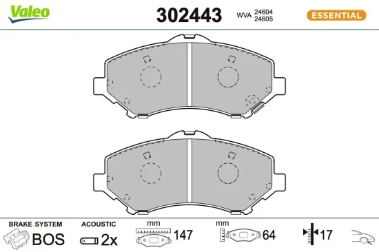 Bremsbelagsatz, Scheibenbremse Vorderachse VALEO 302443 Bild Bremsbelagsatz, Scheibenbremse Vorderachse VALEO 302443