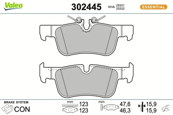 Bremsbelagsatz, Scheibenbremse Hinterachse VALEO 302445 Bild Bremsbelagsatz, Scheibenbremse Hinterachse VALEO 302445