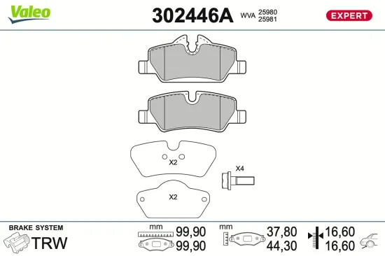 Bremsbelagsatz, Scheibenbremse Hinterachse VALEO 302446A Bild Bremsbelagsatz, Scheibenbremse Hinterachse VALEO 302446A