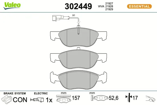 Bremsbelagsatz, Scheibenbremse Vorderachse VALEO 302449 Bild Bremsbelagsatz, Scheibenbremse Vorderachse VALEO 302449