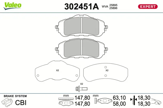 Bremsbelagsatz, Scheibenbremse Vorderachse VALEO 302451A Bild Bremsbelagsatz, Scheibenbremse Vorderachse VALEO 302451A