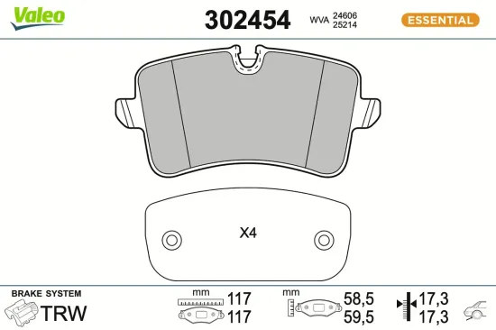 Bremsbelagsatz, Scheibenbremse Hinterachse VALEO 302454 Bild Bremsbelagsatz, Scheibenbremse Hinterachse VALEO 302454