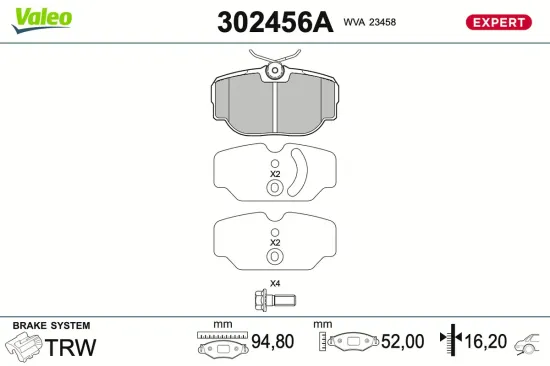 Bremsbelagsatz, Scheibenbremse Hinterachse VALEO 302456A Bild Bremsbelagsatz, Scheibenbremse Hinterachse VALEO 302456A