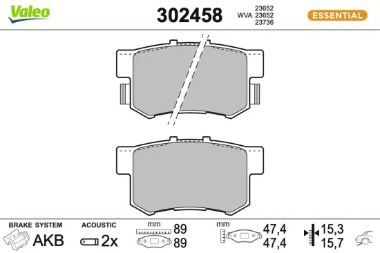 Bremsbelagsatz, Scheibenbremse Hinterachse VALEO 302458 Bild Bremsbelagsatz, Scheibenbremse Hinterachse VALEO 302458