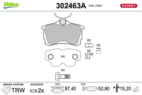 Bremsbelagsatz, Scheibenbremse Hinterachse VALEO 302463A Bild Bremsbelagsatz, Scheibenbremse Hinterachse VALEO 302463A