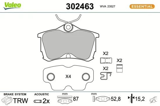 Bremsbelagsatz, Scheibenbremse Hinterachse VALEO 302463 Bild Bremsbelagsatz, Scheibenbremse Hinterachse VALEO 302463