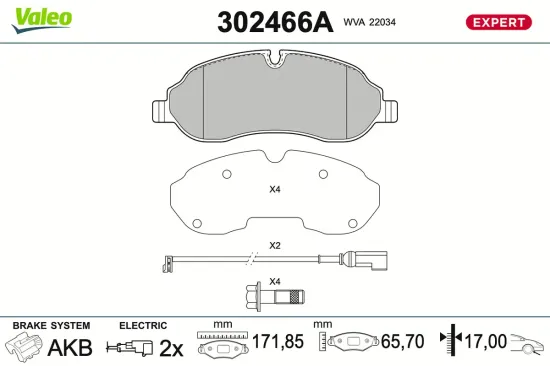 Bremsbelagsatz, Scheibenbremse Vorderachse VALEO 302466A Bild Bremsbelagsatz, Scheibenbremse Vorderachse VALEO 302466A