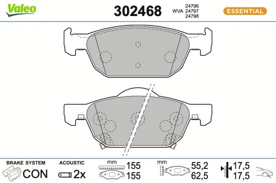 Bremsbelagsatz, Scheibenbremse Vorderachse VALEO 302468 Bild Bremsbelagsatz, Scheibenbremse Vorderachse VALEO 302468