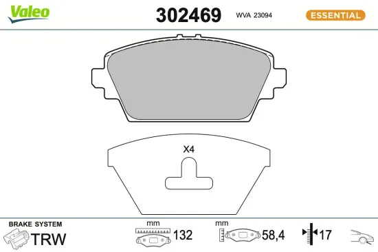 Bremsbelagsatz, Scheibenbremse Vorderachse VALEO 302469 Bild Bremsbelagsatz, Scheibenbremse Vorderachse VALEO 302469