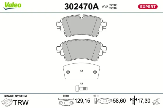 Bremsbelagsatz, Scheibenbremse Hinterachse VALEO 302470A Bild Bremsbelagsatz, Scheibenbremse Hinterachse VALEO 302470A
