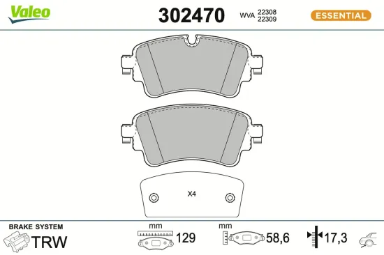 Bremsbelagsatz, Scheibenbremse Hinterachse VALEO 302470 Bild Bremsbelagsatz, Scheibenbremse Hinterachse VALEO 302470