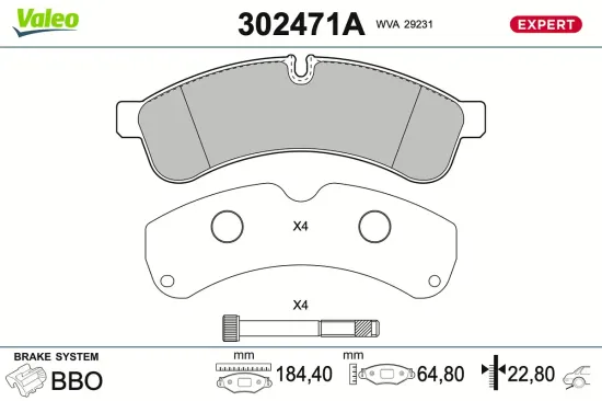Bremsbelagsatz, Scheibenbremse Hinterachse VALEO 302471A Bild Bremsbelagsatz, Scheibenbremse Hinterachse VALEO 302471A