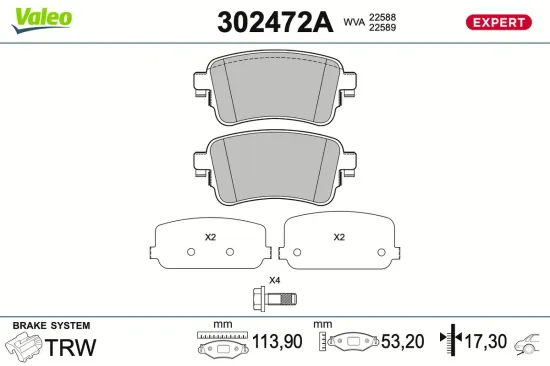 Bremsbelagsatz, Scheibenbremse Hinterachse VALEO 302472A Bild Bremsbelagsatz, Scheibenbremse Hinterachse VALEO 302472A