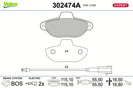 Bremsbelagsatz, Scheibenbremse Vorderachse VALEO 302474A Bild Bremsbelagsatz, Scheibenbremse Vorderachse VALEO 302474A