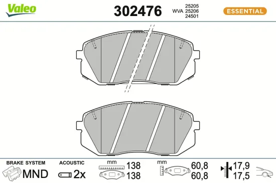 Bremsbelagsatz, Scheibenbremse Vorderachse VALEO 302476 Bild Bremsbelagsatz, Scheibenbremse Vorderachse VALEO 302476