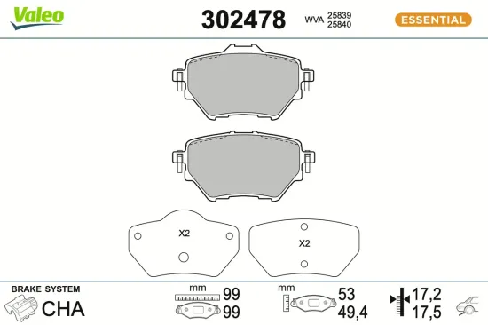 Bremsbelagsatz, Scheibenbremse Hinterachse VALEO 302478 Bild Bremsbelagsatz, Scheibenbremse Hinterachse VALEO 302478