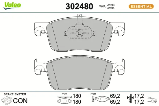 Bremsbelagsatz, Scheibenbremse Vorderachse VALEO 302480 Bild Bremsbelagsatz, Scheibenbremse Vorderachse VALEO 302480