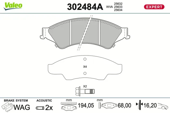 Bremsbelagsatz, Scheibenbremse Vorderachse VALEO 302484A Bild Bremsbelagsatz, Scheibenbremse Vorderachse VALEO 302484A