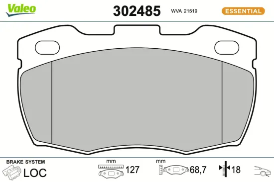Bremsbelagsatz, Scheibenbremse Vorderachse VALEO 302485 Bild Bremsbelagsatz, Scheibenbremse Vorderachse VALEO 302485