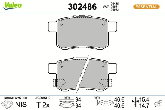 Bremsbelagsatz, Scheibenbremse Hinterachse VALEO 302486 Bild Bremsbelagsatz, Scheibenbremse Hinterachse VALEO 302486