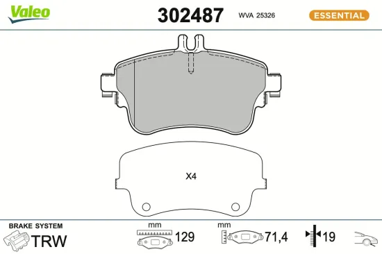 Bremsbelagsatz, Scheibenbremse Vorderachse VALEO 302487 Bild Bremsbelagsatz, Scheibenbremse Vorderachse VALEO 302487