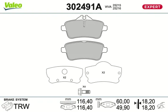 Bremsbelagsatz, Scheibenbremse Hinterachse VALEO 302491A Bild Bremsbelagsatz, Scheibenbremse Hinterachse VALEO 302491A