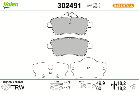 Bremsbelagsatz, Scheibenbremse Hinterachse VALEO 302491 Bild Bremsbelagsatz, Scheibenbremse Hinterachse VALEO 302491