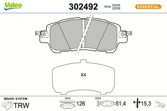 Bremsbelagsatz, Scheibenbremse Vorderachse VALEO 302492 Bild Bremsbelagsatz, Scheibenbremse Vorderachse VALEO 302492