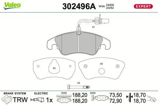Bremsbelagsatz, Scheibenbremse Vorderachse VALEO 302496A Bild Bremsbelagsatz, Scheibenbremse Vorderachse VALEO 302496A