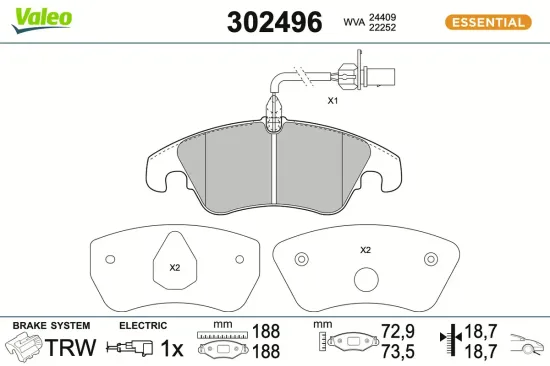 Bremsbelagsatz, Scheibenbremse Vorderachse VALEO 302496 Bild Bremsbelagsatz, Scheibenbremse Vorderachse VALEO 302496
