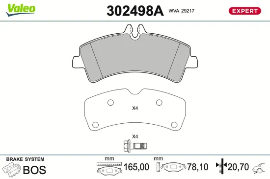 Bremsbelagsatz, Scheibenbremse Hinterachse VALEO 302498A Bild Bremsbelagsatz, Scheibenbremse Hinterachse VALEO 302498A