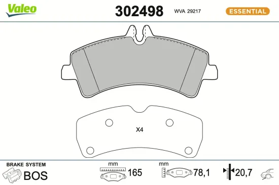 Bremsbelagsatz, Scheibenbremse Hinterachse VALEO 302498 Bild Bremsbelagsatz, Scheibenbremse Hinterachse VALEO 302498
