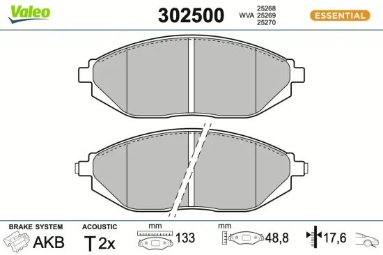 Bremsbelagsatz, Scheibenbremse Vorderachse VALEO 302500 Bild Bremsbelagsatz, Scheibenbremse Vorderachse VALEO 302500