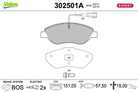 Bremsbelagsatz, Scheibenbremse Vorderachse VALEO 302501A Bild Bremsbelagsatz, Scheibenbremse Vorderachse VALEO 302501A