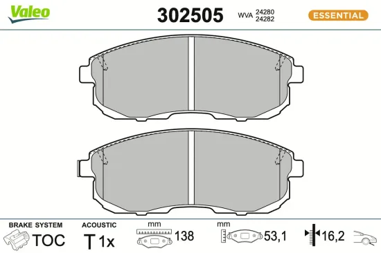 Bremsbelagsatz, Scheibenbremse Vorderachse VALEO 302505 Bild Bremsbelagsatz, Scheibenbremse Vorderachse VALEO 302505
