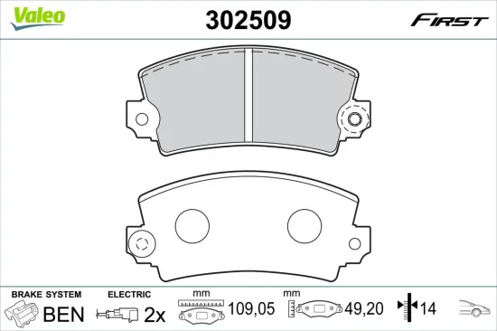 Bremsbelagsatz, Scheibenbremse Vorderachse VALEO 302509 Bild Bremsbelagsatz, Scheibenbremse Vorderachse VALEO 302509