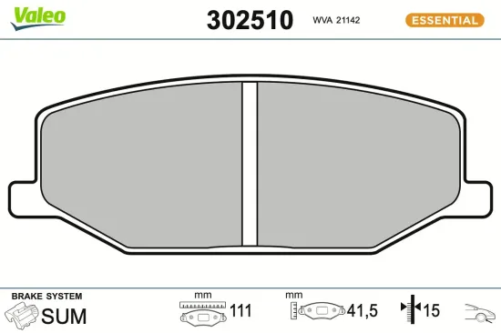 Bremsbelagsatz, Scheibenbremse Vorderachse VALEO 302510 Bild Bremsbelagsatz, Scheibenbremse Vorderachse VALEO 302510